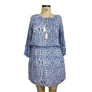 Rikshaw Design women's blue white blockprint dress w/ tassel oversized sz small